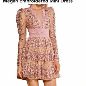 NWT Bronx & Banco Embroidered Tulle Mini Dress XS | Long Sleeve | Deep V